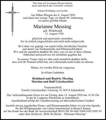 Traueranzeige von Marianne Messing von WVW Anzeigenblätter