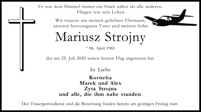  Traueranzeige für Mariusz Strojny vom 08.08.2020 aus WVW Anzeigenblätter