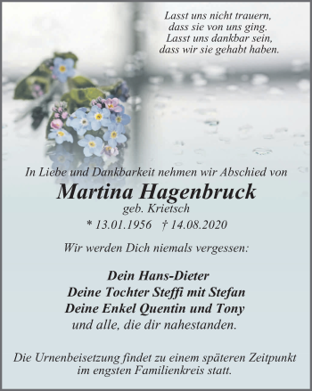 Traueranzeige von Martina Hagenbruck von WVW Anzeigenblätter
