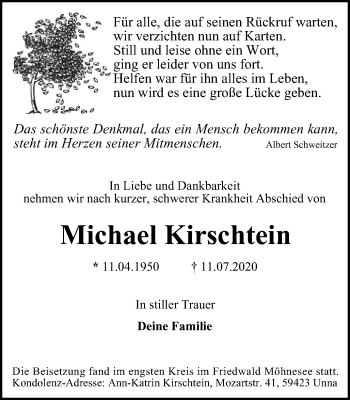 Traueranzeige von Michael Kirschtein von WVW Anzeigenblätter