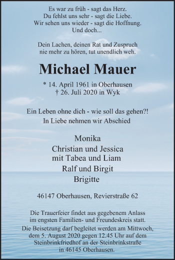 Traueranzeige von Michael Mauer von WVW Anzeigenblätter