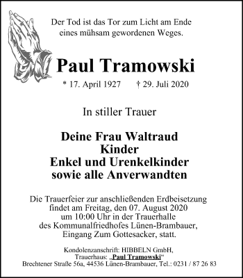 Traueranzeige von Paul Tramowski von WVW Anzeigenblätter