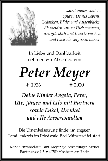 Traueranzeige von Peter Meyer von WVW Anzeigenblätter