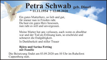 Traueranzeige von Petra Schwab von WVW Anzeigenblätter