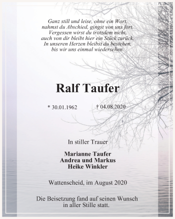 Traueranzeige von Ralf Taufer von WVW Anzeigenblätter