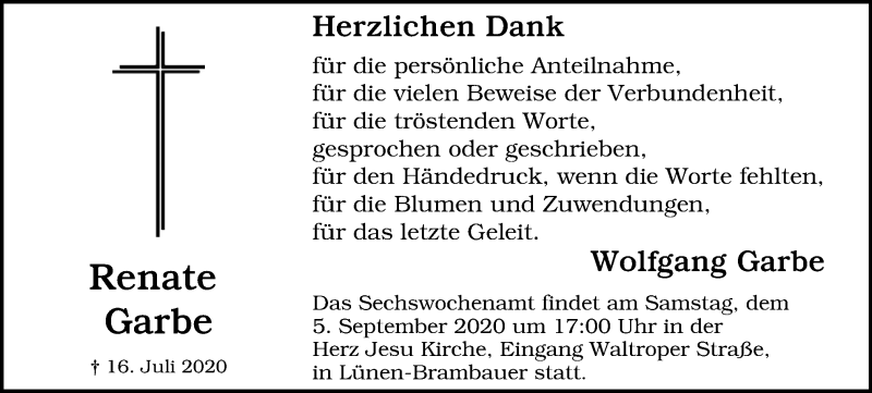  Traueranzeige für Renate Garbe vom 29.08.2020 aus WVW Anzeigenblätter