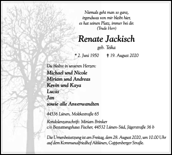 Traueranzeige von Renate Jackisch von WVW Anzeigenblätter