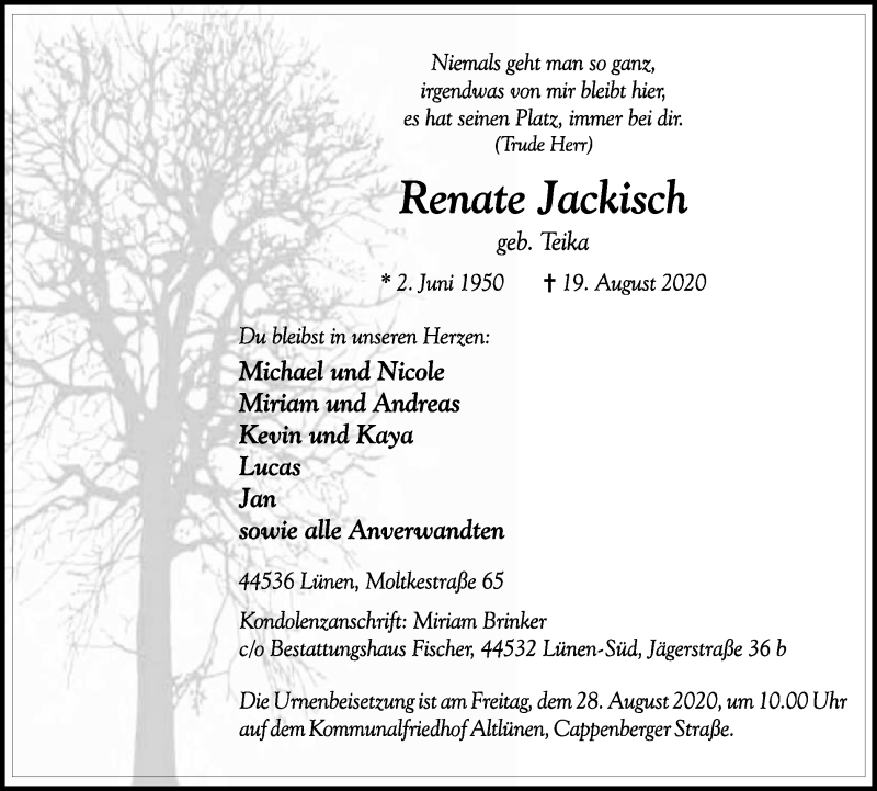  Traueranzeige für Renate Jackisch vom 22.08.2020 aus WVW Anzeigenblätter