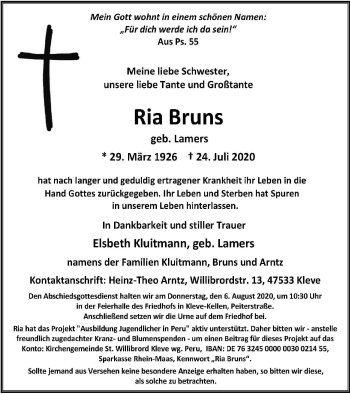 Traueranzeige von Ria Bruns von WVW Anzeigenblätter