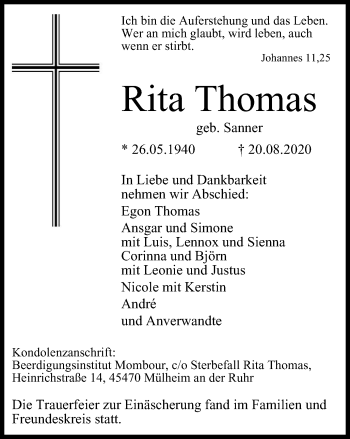Traueranzeige von Rita Thomas von WVW Anzeigenblätter