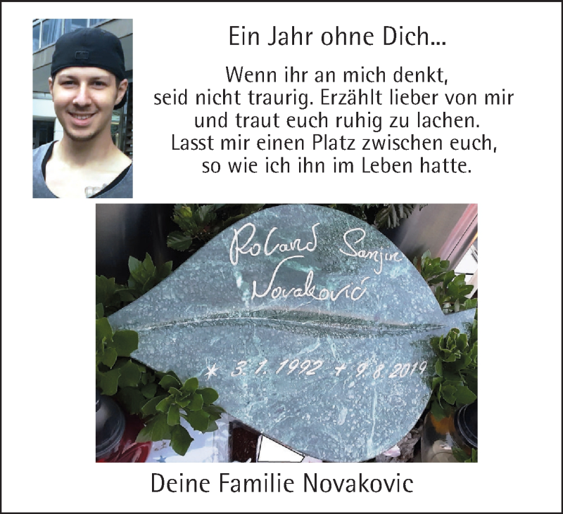 Traueranzeige für Roland Sanjin Novakovic vom 12.08.2020 aus WVW Anzeigenblätter