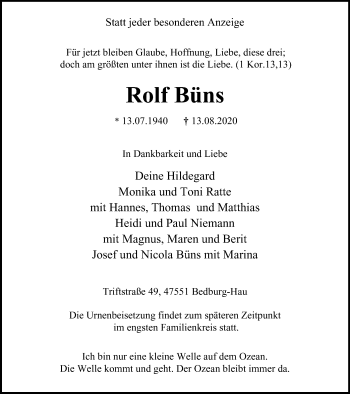 Traueranzeige von Rolf Büns von WVW Anzeigenblätter