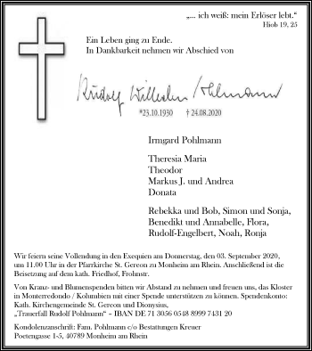 Traueranzeige von Rudolf Wilhelm Pohlmann von WVW Anzeigenblätter