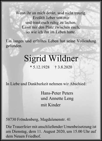 Traueranzeige von Sigrid Wildner von WVW Anzeigenblätter