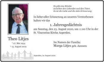 Traueranzeige von Theo Litjes von WVW Anzeigenblätter