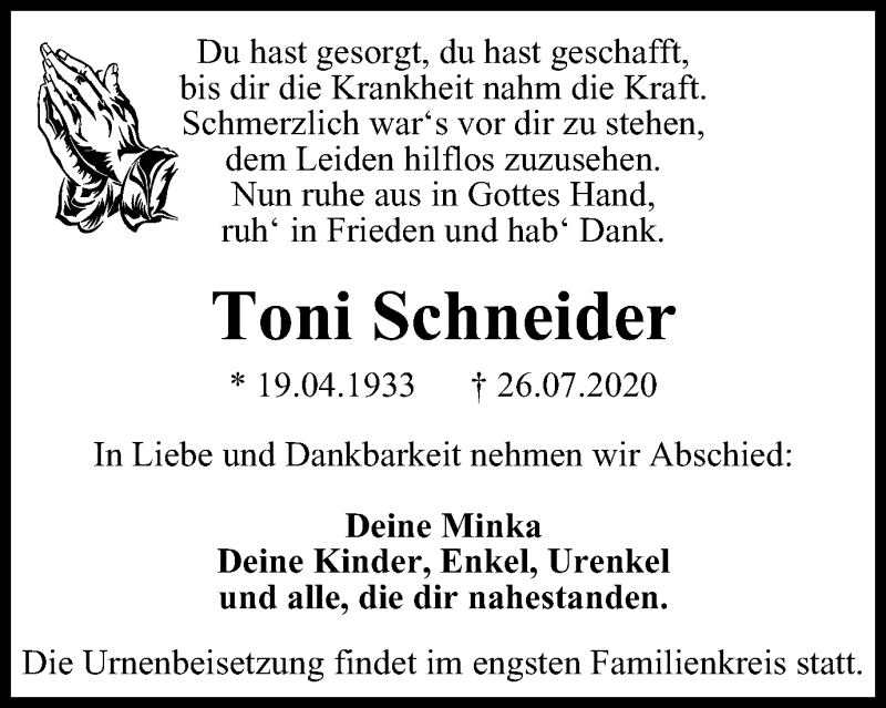  Traueranzeige für Toni Schneider vom 01.08.2020 aus WVW Anzeigenblätter