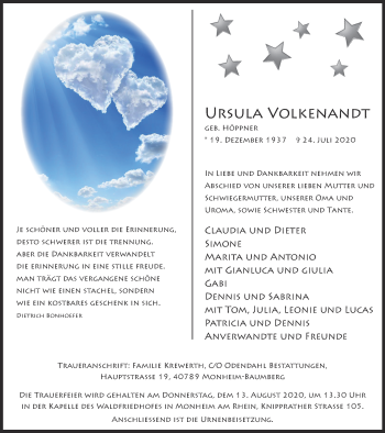Traueranzeige von Ursula Volkenandt von WVW Anzeigenblätter