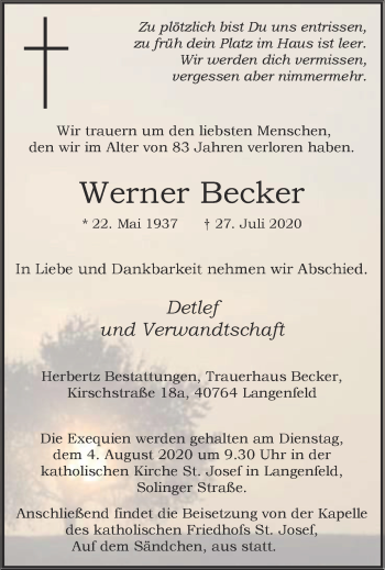 Traueranzeige von Werner Becker von WVW Anzeigenblätter