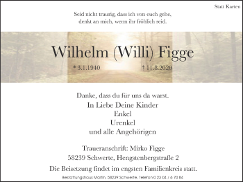 Traueranzeige von Wilhelm Figge von WVW Anzeigenblätter