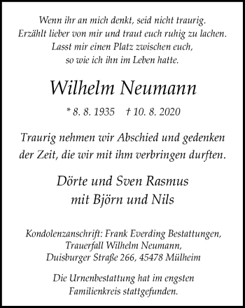 Traueranzeige von Wilhelm Neumann von WVW Anzeigenblätter