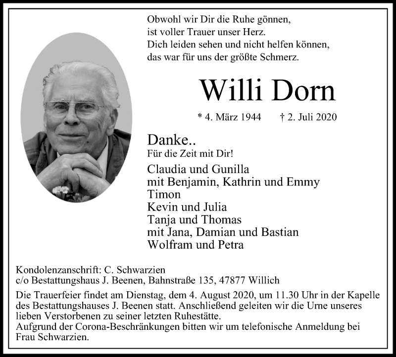 Traueranzeige für Willi Dorn vom 01.08.2020 aus WVW Anzeigenblätter