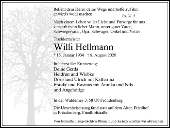 Traueranzeige von Willi Hellmann von WVW Anzeigenblätter