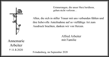 Traueranzeige von Alfred Arbeiter von WVW Anzeigenblätter