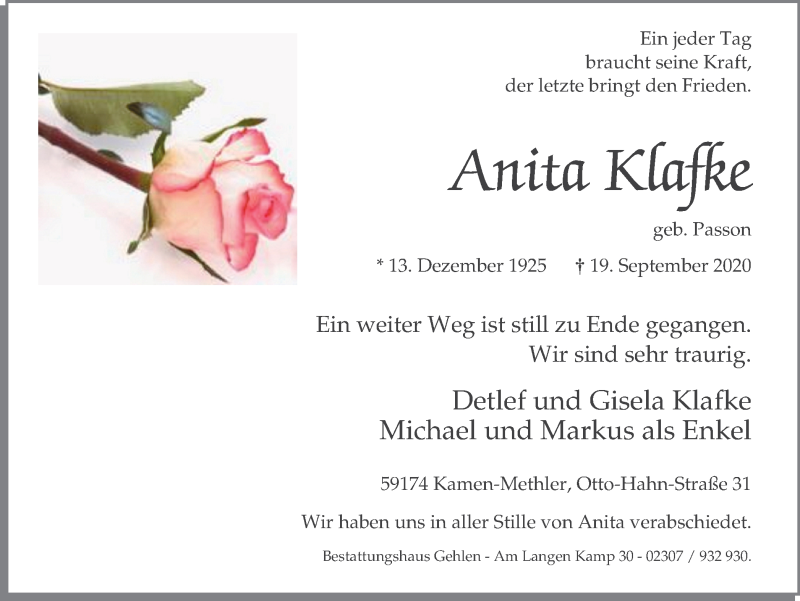  Traueranzeige für Anita Klafke vom 30.09.2020 aus WVW Anzeigenblätter