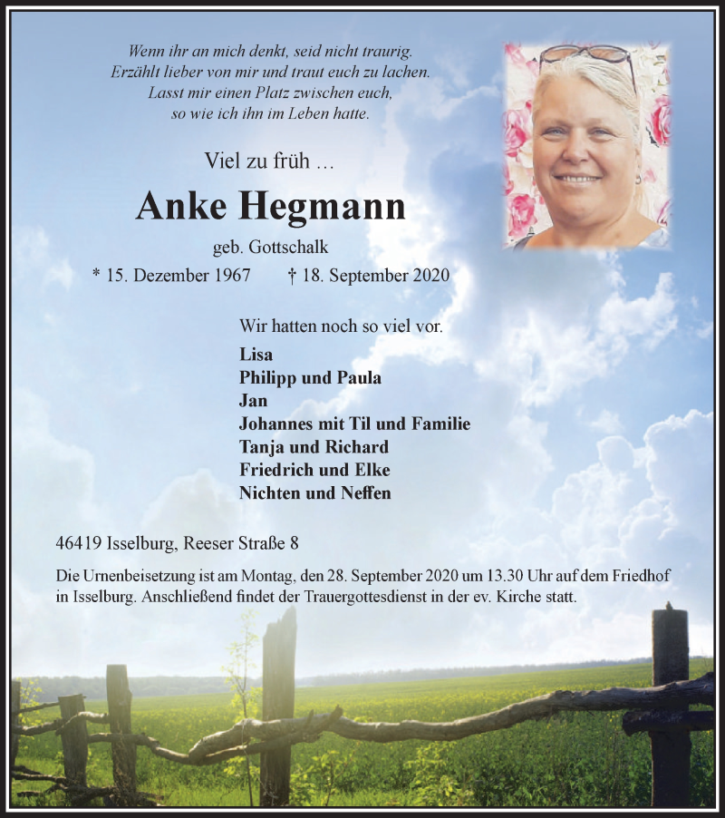  Traueranzeige für Anke Hegmann vom 23.09.2020 aus WVW Anzeigenblätter