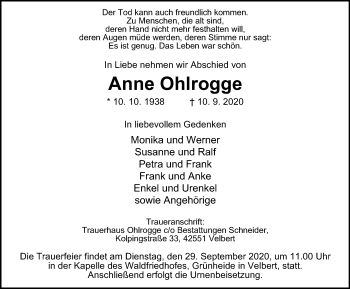 Traueranzeigen Von Anne Ohlrogge | Trauer-in-NRW.de