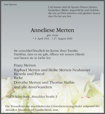 Traueranzeige von Anneliese Merten von WVW Anzeigenblätter