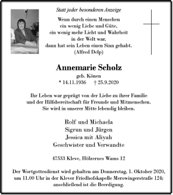 Traueranzeige von Annemarie Scholz von WVW Anzeigenblätter