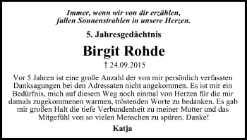 Traueranzeige von Birgit Rohde von WVW Anzeigenblätter