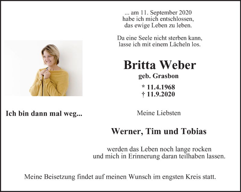  Traueranzeige für Britta Weber vom 23.09.2020 aus WVW Anzeigenblätter