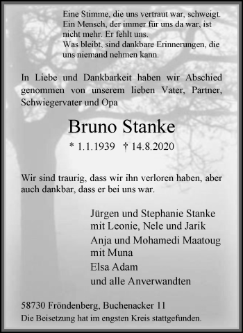 Traueranzeige von Bruno Stanke von WVW Anzeigenblätter