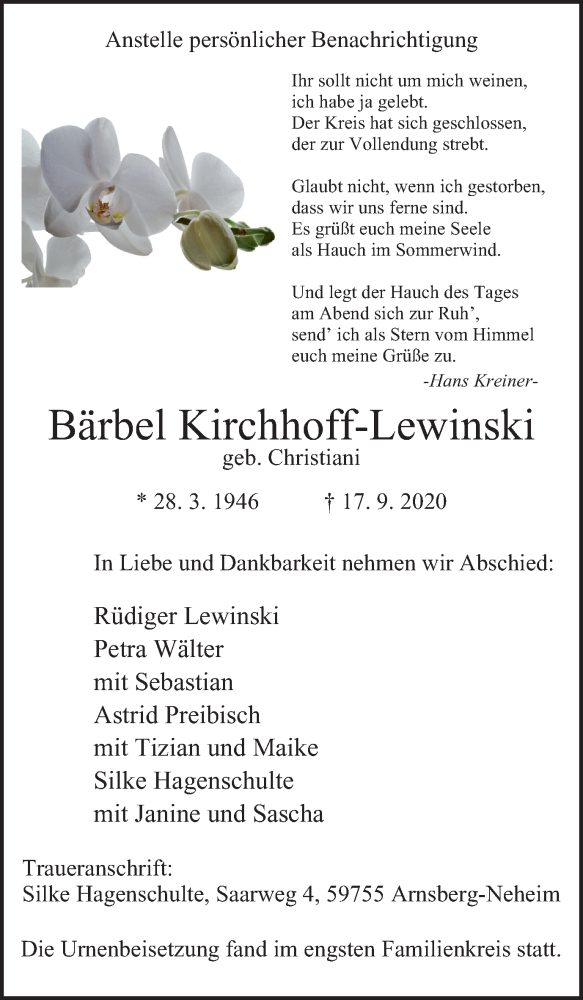 Traueranzeige für Bärbel Kirchhoff-Lewinski vom 25.09.2020 aus WVW Anzeigenblätter