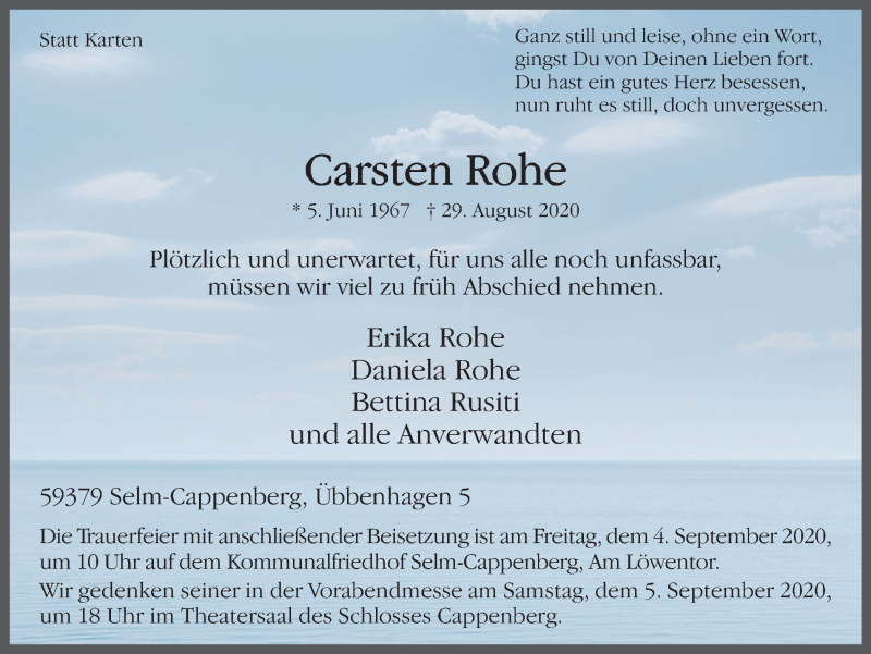  Traueranzeige für Carsten Rohe vom 02.09.2020 aus WVW Anzeigenblätter