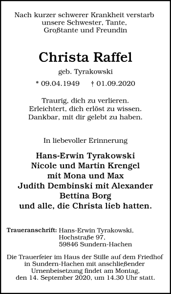 Traueranzeige von Christa Raffel von WVW Anzeigenblätter