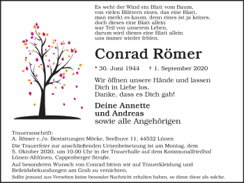 Traueranzeige von Conrad Römer von WVW Anzeigenblätter