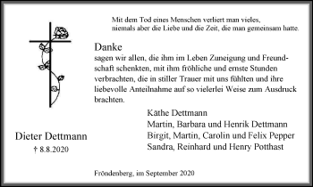 Traueranzeige von Dieter Dettmann von WVW Anzeigenblätter