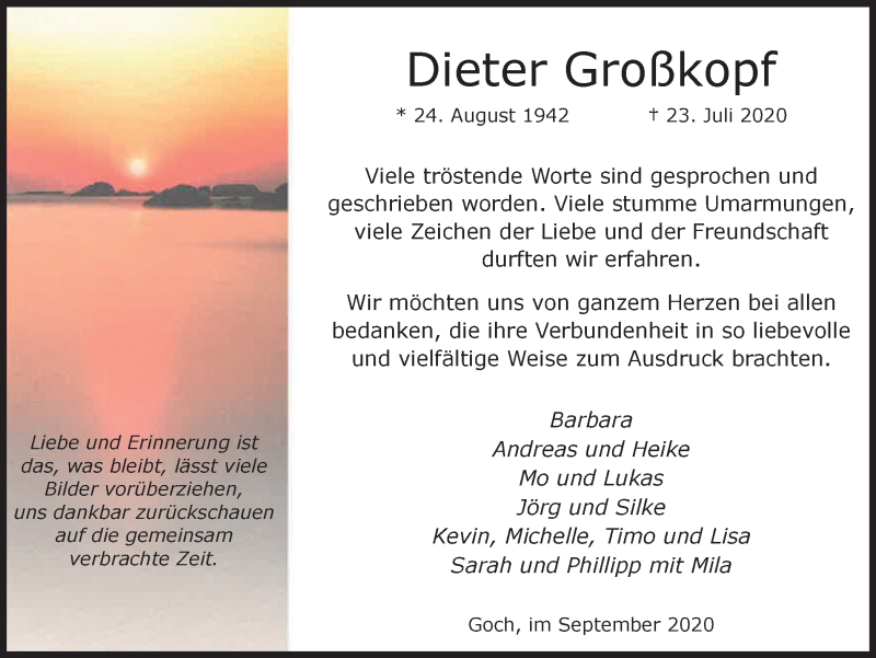  Traueranzeige für Dieter Großkopf vom 12.09.2020 aus WVW Anzeigenblätter
