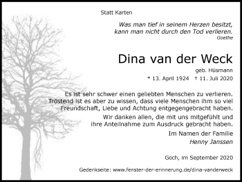 Traueranzeige von Dina van der Weck von WVW Anzeigenblätter