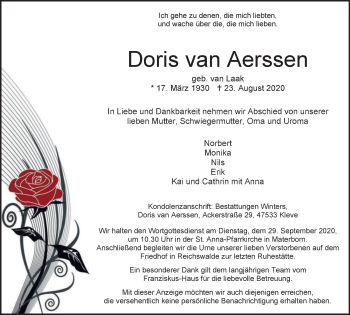 Traueranzeige von Doris van Aerssen von WVW Anzeigenblätter