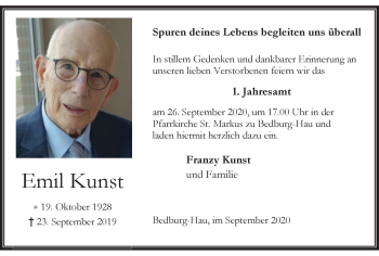 Traueranzeige von Emil Kunst von WVW Anzeigenblätter