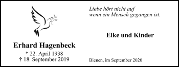 Traueranzeige von Erhard Hagenbeck von WVW Anzeigenblätter