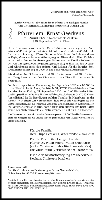 Traueranzeige von Ernst Geerkens von WVW Anzeigenblätter