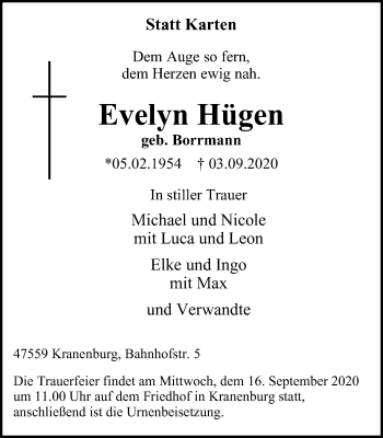 Traueranzeige von Evelyn Hügen von WVW Anzeigenblätter