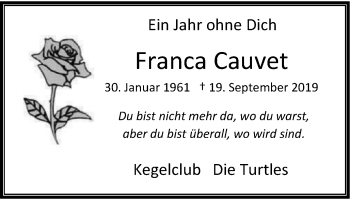Traueranzeige von Franca Cauvet von WVW Anzeigenblätter