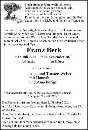 Traueranzeige von Franz Beck von WVW Anzeigenblätter