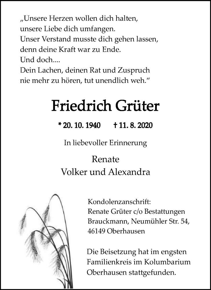 Traueranzeige für Friedrich Grüter vom 02.09.2020 aus WVW Anzeigenblätter